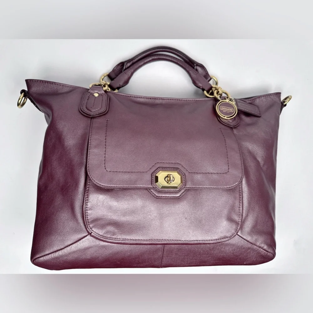 Coach Campbell Turnlock Leather Large Satchel Bag in Pearlized Plum/Brass